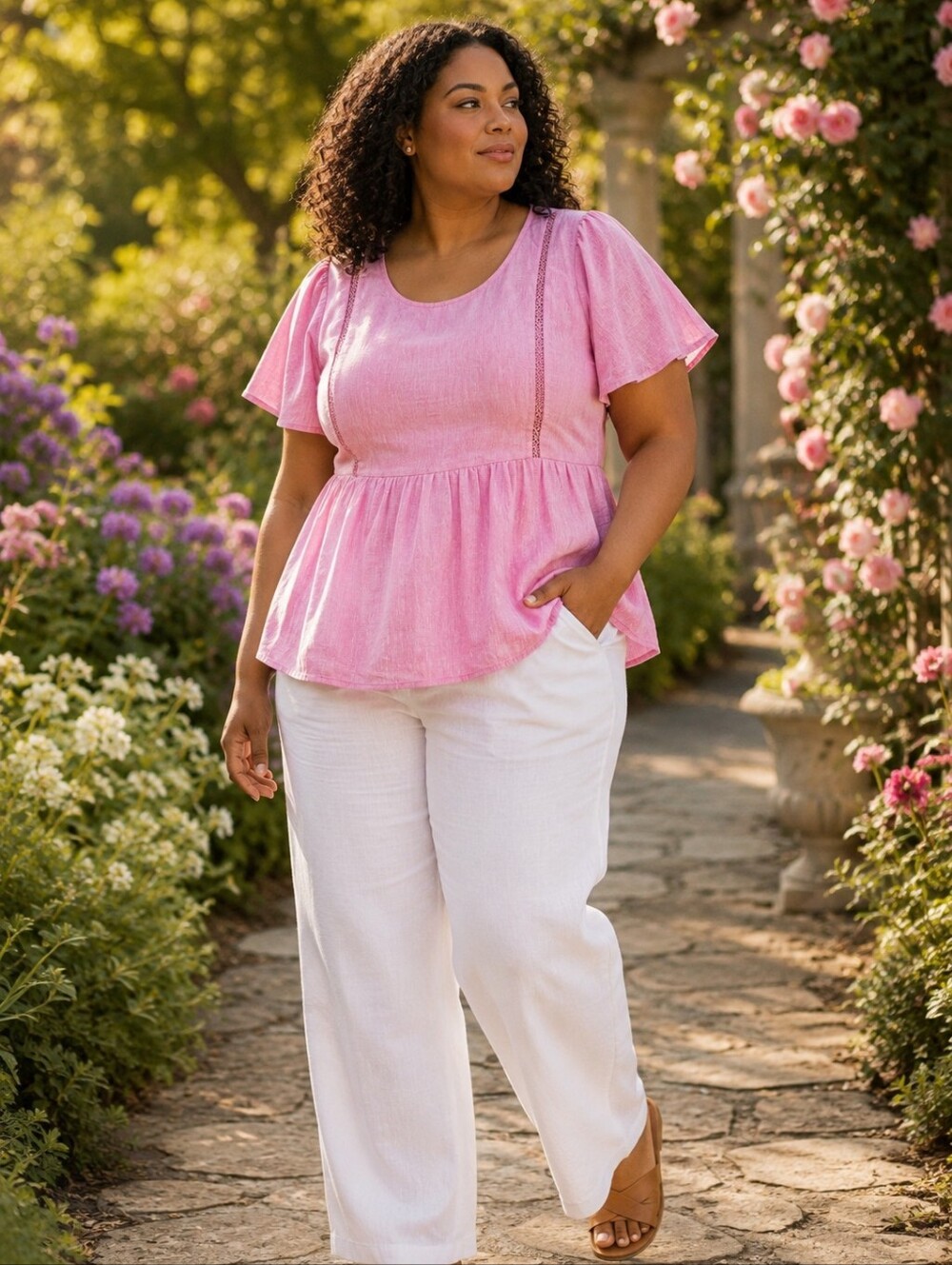 Lane Bryant Linen Cotton Flutter Sleeve Peplum Blouse Pink 26 NWT